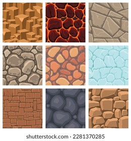 Cartoon game textures, lava, ice, rocks and brick, dirt and ground surface seamless patterns. Game assets walls and environment backgrounds.