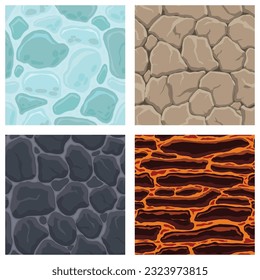 Cartoon game textures, lava, ice, rocks and brick, dirt and ground surface seamless patterns. Game assets walls and environment backgrounds.