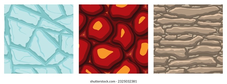 Cartoon game textures, lava, ice, rocks and brick, dirt and ground surface seamless patterns. Game assets walls and environment backgrounds.