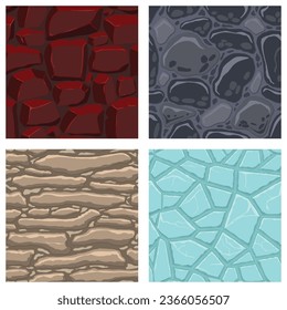 Cartoon game textures, lava, ice, rocks and brick, dirt and ground surface seamless patterns. Game assets walls and environment backgrounds.