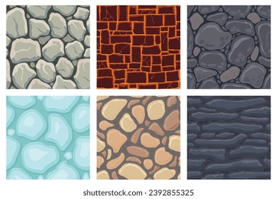 Cartoon game textures, lava, ice, rocks and brick, dirt and ground surface seamless patterns. Game assets walls and environment backgrounds.