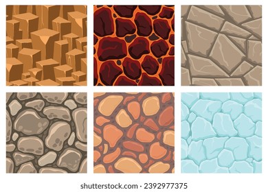 Cartoon game textures, lava, ice, rocks and brick, dirt and ground surface seamless patterns. Game assets walls and environment backgrounds.