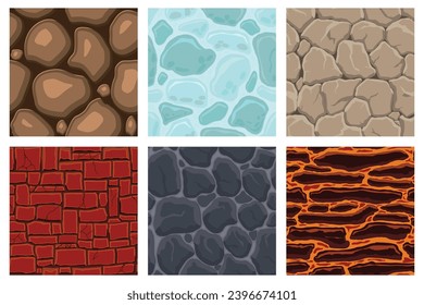 Cartoon game textures, lava, ice, rocks and brick, dirt and ground surface seamless patterns. Game assets walls and environment backgrounds.