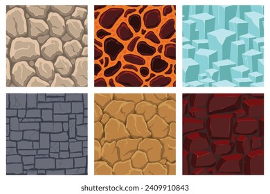 Cartoon game textures, lava, ice, rocks and brick, dirt and ground surface seamless patterns. Game assets walls and environment backgrounds.