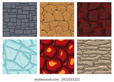 Cartoon game textures, lava, ice, rocks and brick, dirt and ground surface seamless patterns. Game assets walls and environment backgrounds.