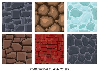 Cartoon game textures, lava, ice, rocks and brick, dirt and ground surface seamless patterns. Game assets walls and environment backgrounds.