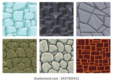 Cartoon game textures, lava, ice, rocks and brick, dirt and ground surface seamless patterns. Game assets walls and environment backgrounds.