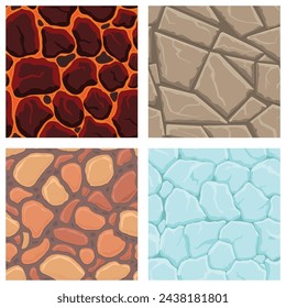 Cartoon game textures, lava, ice, rocks and brick, dirt and ground surface seamless patterns. Game assets walls and environment backgrounds.