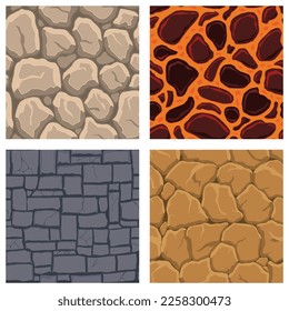 Cartoon game textures, lava, rocks and brick, dirt and ground surface seamless patterns. Game assets walls and environment backgrounds.