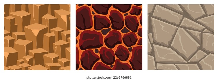 Cartoon game textures, lava, rocks and brick, dirt and ground surface seamless patterns. Game assets walls and environment backgrounds.