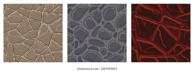 Cartoon game textures, lava, rocks and brick, dirt and ground surface seamless patterns. Game assets walls and environment backgrounds.