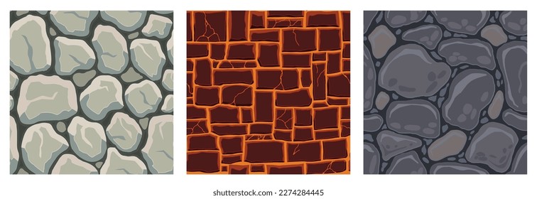 Cartoon game textures, lava, rocks and brick, dirt and ground surface seamless patterns. Game assets walls and environment backgrounds.