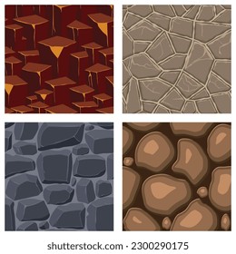 Texturas de juego de dibujos animados, lava, rocas y ladrillo, suciedad y superficies sin soldadura. Paredes de activos de juego y antecedentes ambientales.