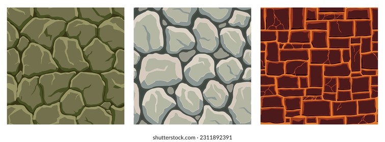 Texturas de juego de dibujos animados, lava, rocas y ladrillo, suciedad y superficies sin soldadura. Paredes de activos de juego y antecedentes ambientales.