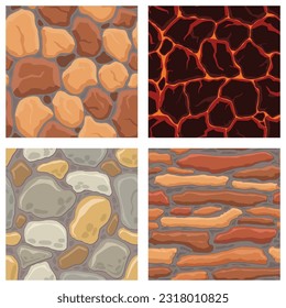 Cartoon game textures, lava, rocks and brick, dirt and ground surface seamless patterns. Game assets walls and environment backgrounds.