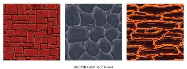 Cartoon game textures, lava, rocks and brick, dirt and ground surface seamless patterns. Game assets walls and environment backgrounds.