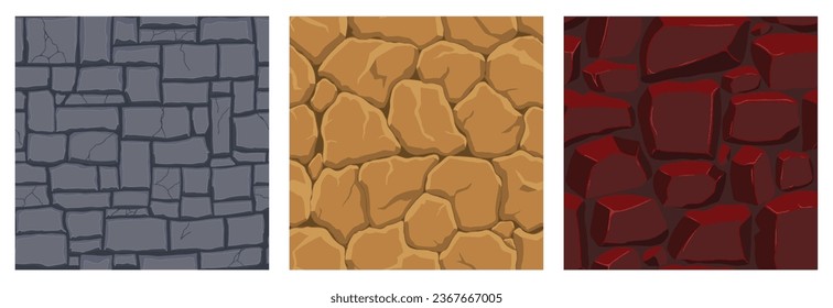 Cartoon game textures, lava, rocks and brick, dirt and ground surface seamless patterns. Game assets walls and environment backgrounds.