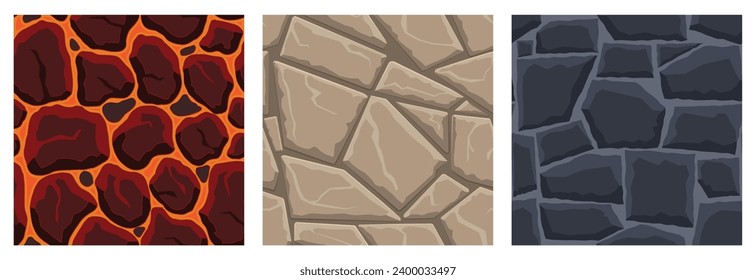 Cartoon game textures, lava, rocks and brick, dirt and ground surface seamless patterns. Game assets walls and environment backgrounds.