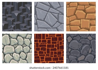 Cartoon game textures, lava, rocks and brick, dirt and ground surface seamless patterns. Game assets walls and environment backgrounds.