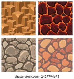 Cartoon game textures, lava, rocks and brick, dirt and ground surface seamless patterns. Game assets walls and environment backgrounds.