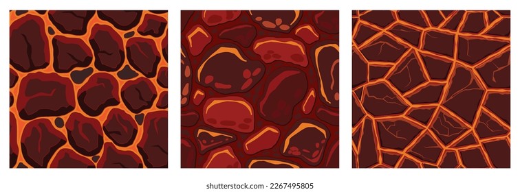 Texturas de juego de dibujos animados, patrones de lava superfluos sin costura. Paredes de activos de juego y antecedentes ambientales.