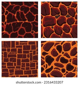 Texturas de juego de dibujos animados, patrones de lava superfluos sin costura. Paredes de activos de juego y antecedentes ambientales.