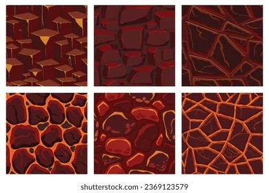 Texturas de juego de dibujos animados, patrones de lava superfluos sin costura. Paredes de activos de juego y antecedentes ambientales.