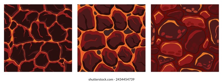 Cartoon game textures, lava surface seamless patterns. Game assets walls and environment backgrounds.