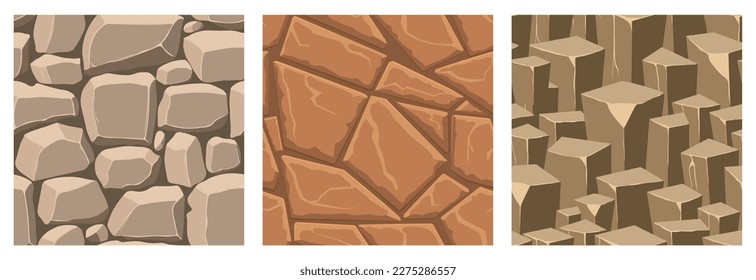 Cartoon game textures, rocks, dirt and ground surface seamless patterns. Game assets walls and environment backgrounds.
