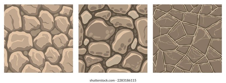 Cartoon game textures, rocks, dirt and ground surface seamless patterns. Game assets walls and environment backgrounds.