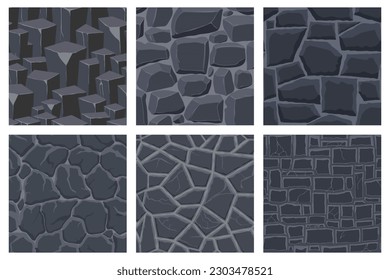 Cartoon game textures, rocks, dirt and ground surface seamless patterns. Game assets walls and environment backgrounds.
