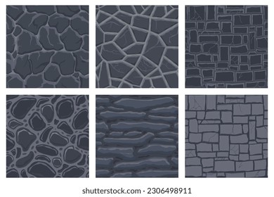 Cartoon game textures, rocks, dirt and ground surface seamless patterns. Game assets walls and environment backgrounds.