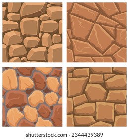 Cartoon game textures, rocks, dirt and ground surface seamless patterns. Game assets walls and environment backgrounds.