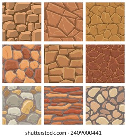 Cartoon game textures, rocks, dirt and ground surface seamless patterns. Game assets walls and environment backgrounds.