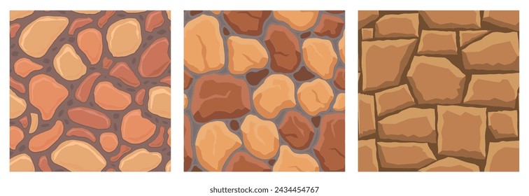 Cartoon game textures, rocks, dirt and ground surface seamless patterns. Game assets walls and environment backgrounds.