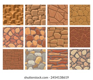 Cartoon game textures, rocks, dirt and ground surface seamless patterns. Game assets walls and environment backgrounds.