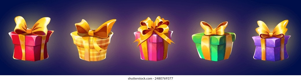 Cartoon game ui closed wrapped gift boxes with ribbon, bow and magic neon glow effect. Vector illustration set of present packages for birthday and Christmas or winner congratulation. Surprise pack.