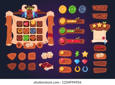 Cartoon game ui. Wooden buttons, sliders and icons. Interface for 2d games, app gui vector design