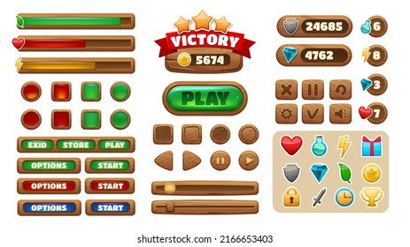 Cartoon game UI. Wooden interface buttons icons panels progress-bars check-box asset, GUI menu and level construction kit. Vector isolated set. Elements as heart, coin, shield and trophy