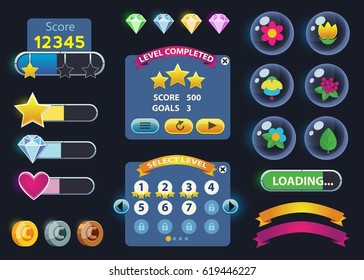 Cartoon game user interface, vector assets for mobile games design. Panels, buttons, icons for web or game development. Vector elements for your design.