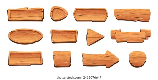 Cartoon game wooden ui elements. Horizontal banner and round panel with arrow and buttons, 2d sprite asset for mobile app UI. Vector isolated set of game cartoon wooden illustration