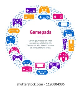 Cartoon Gamepad Banner Card Circle Concept Element Flat Design Style. Vector illustration of Joystick Game