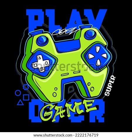 Cartoon Gamepad illustration. Green and blue Game pad on black didital background with text Game over, Play, cool, super. Gaming poster for teenagers t shirt design.