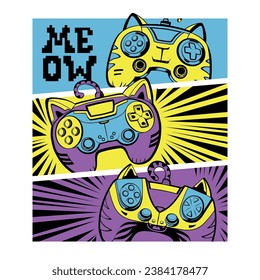 Cartoon gamepad illustration for t shirt. Cat gamepads poster in comics style.