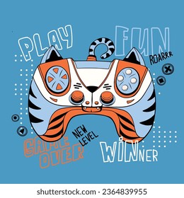 Cartoon gamepad like tiger. Kids poster with gamepad cat. Gamer print for t shirt design