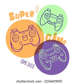 Cartoon gamepads poster. Kids game pad t shirt design. Colorful Gaming illustration with text Super game.