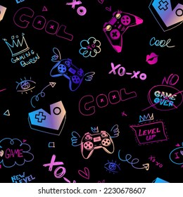 Cartoon gamepads repeat print for girl textile, fashion clothes, wrapping paper. Girlish game pads seamless pattern. Fancy gaming ornament with neon hearts, joystick, crown, speech comics cloud, text