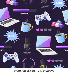 Cartoon gamer elements seamless pattern with different modern electronic gadgets.