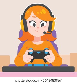 Cartoon Gamer Girl with Headset Playing Video Game