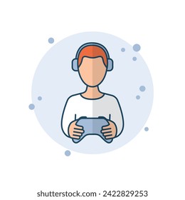 Cartoon gamer icon vector illustration. Gamepad on bubbles background. Headphones sign concept.